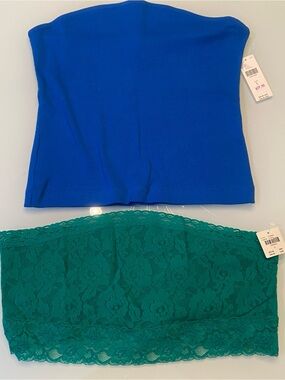 Anthropologie Tube Top & Lace Bandeau Set - Blue Ribbed & Kelly Green Lace (NWT,